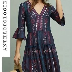 Anthropologie Embroidered Dress Navy Blue 6